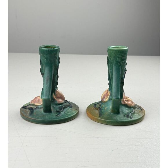 Antique Roseville Art Pottery 1157 Magnolia Pattern Candle Stick Holder Pair EW2 - Picture 5 of 8